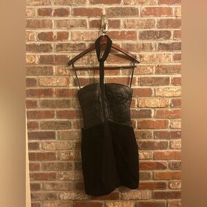 Vtg Bebe Black Leather Banded Halter Mini Dress Stretch Sz 4  Bodycon Womens